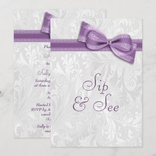 Sip & See White Damask and Faux Purple Bow Invitation