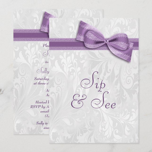 Sip & See White Damask and Faux Purple Bow Invitation (Front/Back)