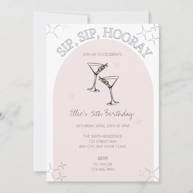 Sip, Sip Hooray Adult Birthday Party Invitation (Front)