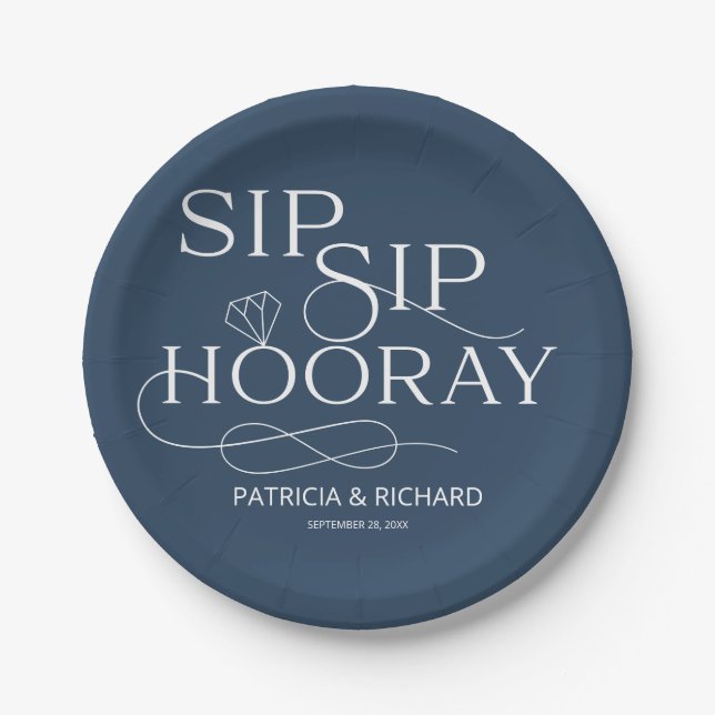 Sip Sip Hooray Engagement Party Blue Paper Plate (Front)