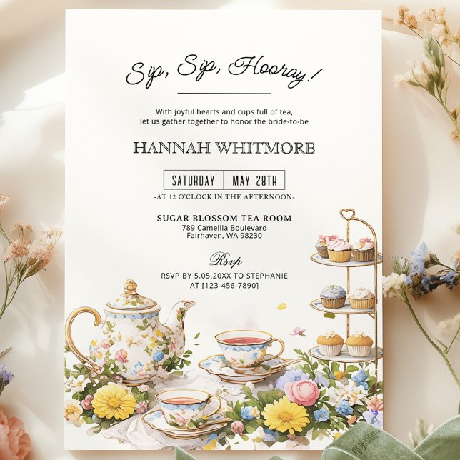 Sip Sip Hooray High Tea Party Floral Bridal Shower Invitation (Creator Uploaded)