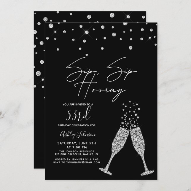 Sip Sip Hooray Modern Black & White Birthday Quote Invitation (Front/Back)
