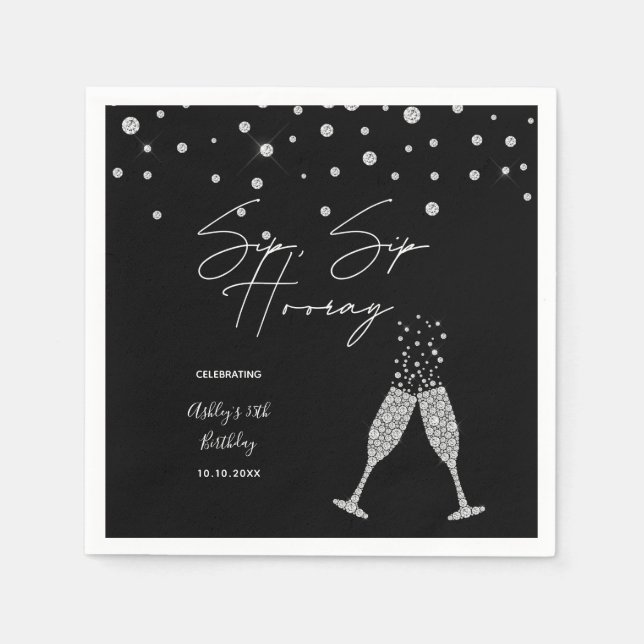 Sip Sip Hooray Modern Black & White Birthday Quote Napkin (Front)