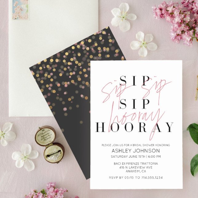 Sip Sip Hooray Modern Black White Bridal Shower Invitation (Creator Uploaded)