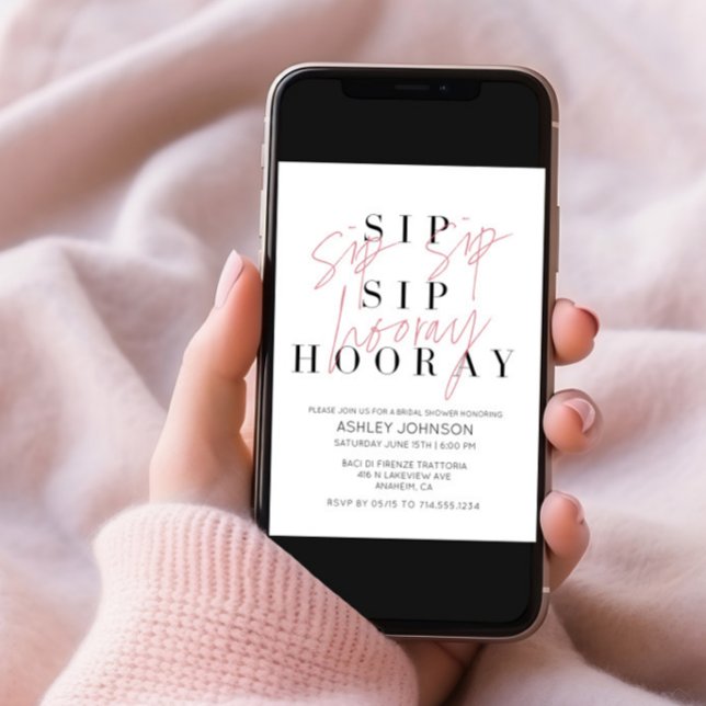 Sip Sip Hooray Modern Black White Bridal Shower Invitation (Creator Uploaded)