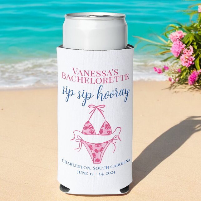 Sip Sip Hooray Pink Bikini Bachelorette Party  Seltzer Can Cooler (Creator Uploaded)