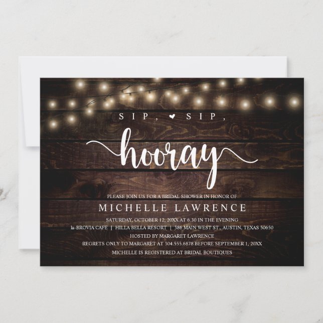 Sip, Sip, Hooray, Rustic Bridal Shower Celebration Invitation (Front)