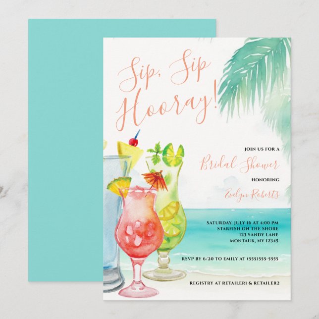 Sip Sip Hooray Tropical Cocktails Bridal Shower Invitation (Front/Back)