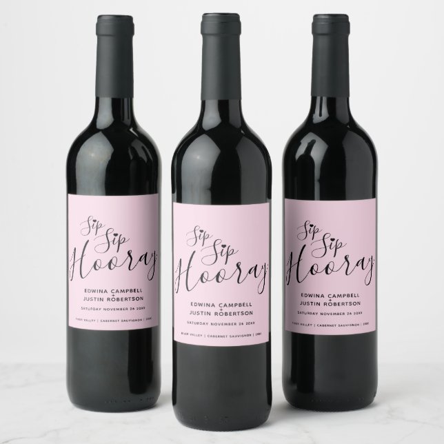 Sip Sip hooray wedding pink black heart Wine Label (Bottles)
