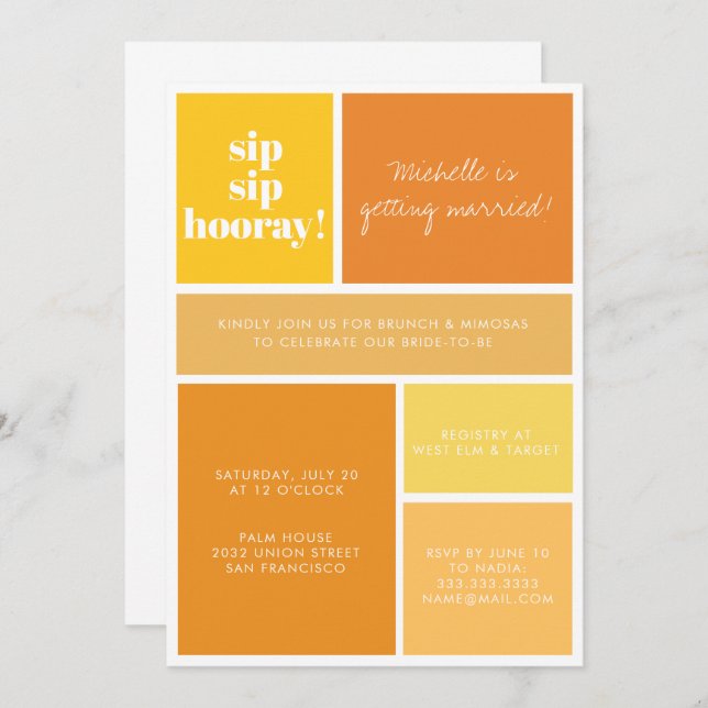Sip Sip Hooray Yellow Orange Bridal Brunch Shower  Invitation (Front/Back)