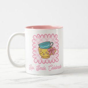 Sip Smile Celebrate Pink Gingham Whimsical Floral Two-Tone Coffee Mug