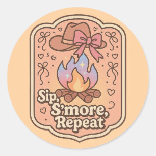 Sip, S'more, Repeat - Retro Camp Badge Classic Round Sticker
