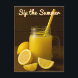 Sip the Summer – Lemon Juice Postcard<br><div class="desc">Send a splash of sunshine with this refreshing lemon juice postcard. Featuring a vibrant mason jar of fresh lemonade,  ripe lemons,  and a rustic wooden background,  it’s the perfect cheerful note for summer greetings,  party invites,  or just a sunny hello!</div>
