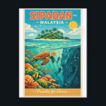 Sipadan Island, Malaysia, in a vibrant Postcard<br><div class="desc">Travel poster featuring Sipadan Island, Malaysia, in a vibrant tropical retro style. Crystal-clear turquoise waters with coral reefs visible beneath the surface, sea turtles, schools of colorful fish, and dramatic underwater drop-offs. Small palm-covered island silhouette above the waterline under a bright blue sky. Tropical retro color palette: aqua blue, teal,...</div>