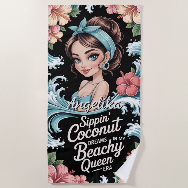 Sippin Coconut Tropical Vacation Beach Drink Towel (Front)