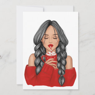 Sipping Hot Chocoatolate in Winter in Red Sweater Holiday Card