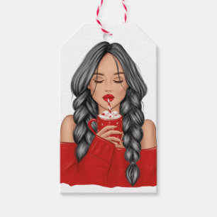 Sipping Hot Chocolate in Winter in Red Sweater  Gift Tags
