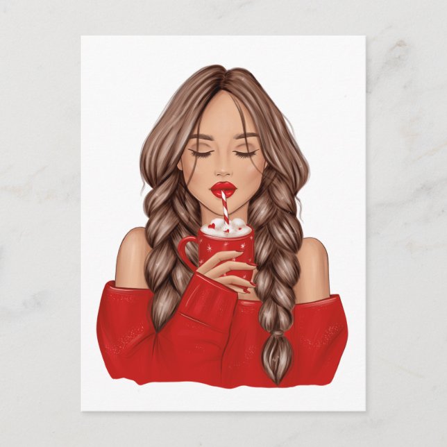 Sipping Hot Chocolate in Winter in Red Sweater Hol Holiday Postcard (Front)