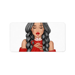 Sipping Hot Chocolate in Winter in Red Sweater Label