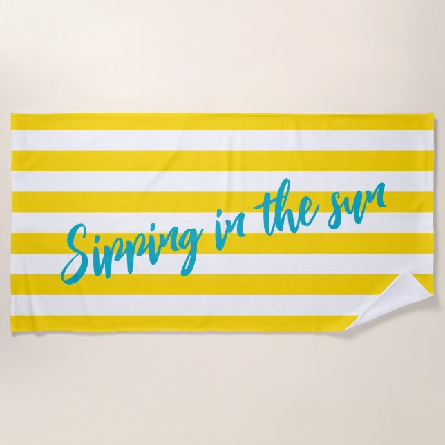 Sipping In The Sun Cute Yellow White Stripe Party Beach Towel (Front)