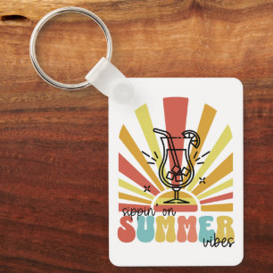 Sipping On Summer Vibes, Retro Sun, Cocktail Glass Key Ring