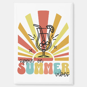 Sipping On Summer Vibes, Retro Sun, Cocktail Glass Magnet