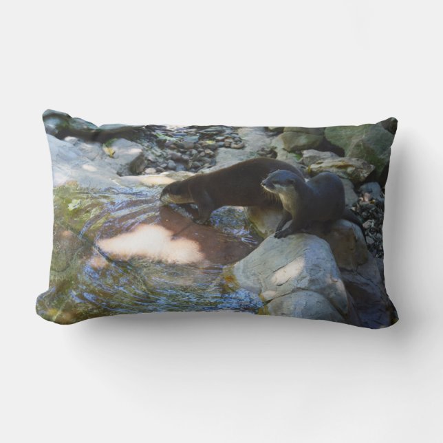 **"Sips by the Stream: Otters Drinking from River  Lumbar Cushion (Front)