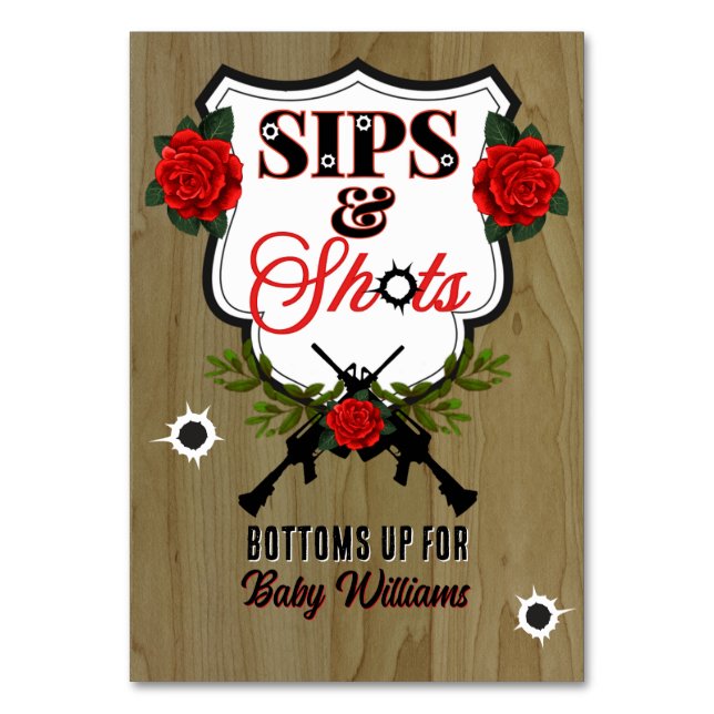 Sips & Shots Guns or Roses Gender Reveal Table Number (Front)