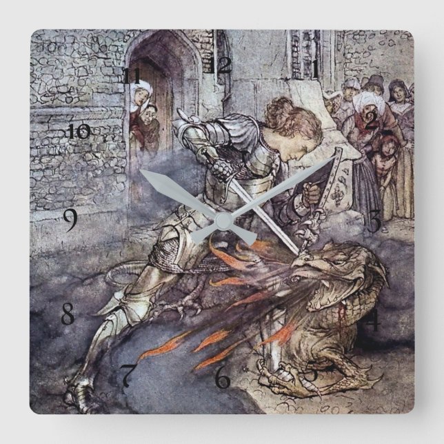 “Sir Lancelot Slays the Dragon” by Arthur Rackham Square Wall Clock (Front)