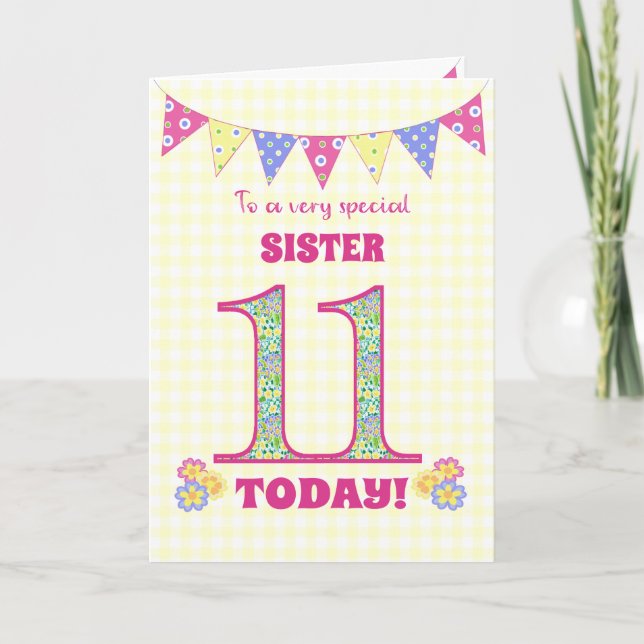 Sister 11th Birthday Primroses and Bunting Card (Front)