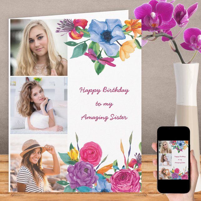 Sister 3 Photo Bright Watercolor Floral Birthday Card (Creator Uploaded)