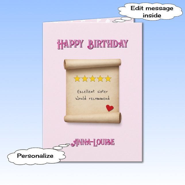 Sister 5 star review pink birthday card (Creator Uploaded)