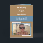 Sister add name photo blue brown birthday card<br><div class="desc">For a lovely sister birthday card.
Personalise this Greetings Card with a photo and a name.
Designed in blue,  brown and cream.</div>