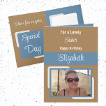 Sister add name photo blue brown birthday card<br><div class="desc">For a lovely sister birthday card.
Personalise this Greetings Card with a photo and a name.
Designed in blue,  brown and cream.</div>