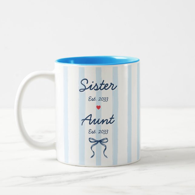 Sister & Aunt Custom Dates Blue Stripes Coquette Two-Tone Coffee Mug (Left)