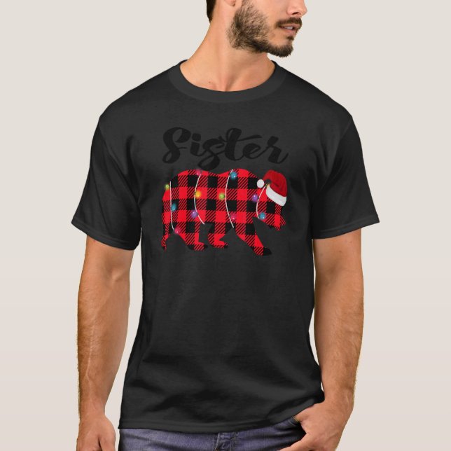 Sister Bear Buffalo Red Plaid Lights Christmas Paj T-Shirt (Front)