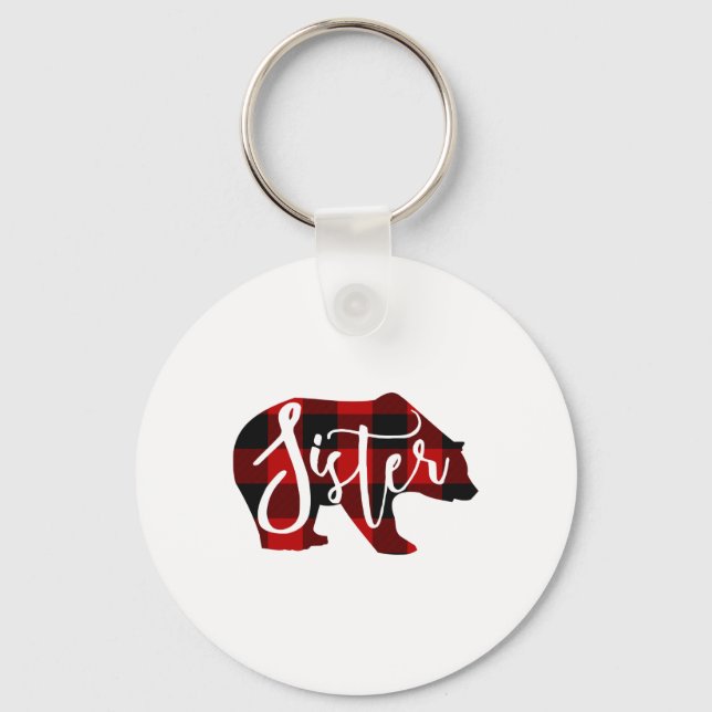 Sister Bear Rustic Red Buffalo Plaid Family  Key Ring (Front)