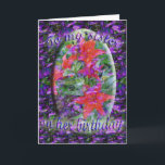 Sister birthday card<br><div class="desc">Background is repeated iris pattern,  with almost stained glass appearance and intense colour.  Focal point is red-orange lilies in oval shape blended with backgrouond.  Text reads,  "To my sister on her birthday."</div>
