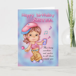 Sister Birthday Card - Cute Girl With Music