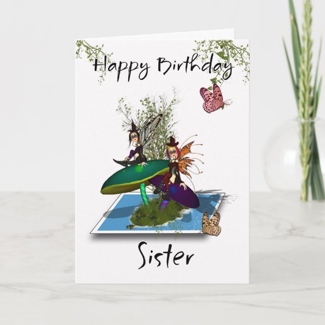Sister Birthday Card - Cute Gothic Fairies Springi (Front)
