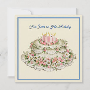 Sister Birthday Card Vintage Flower Cake and Poem