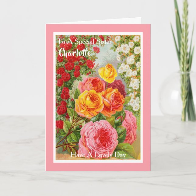Sister Birthday Floral Pretty Vintage Personalised Card (Front)