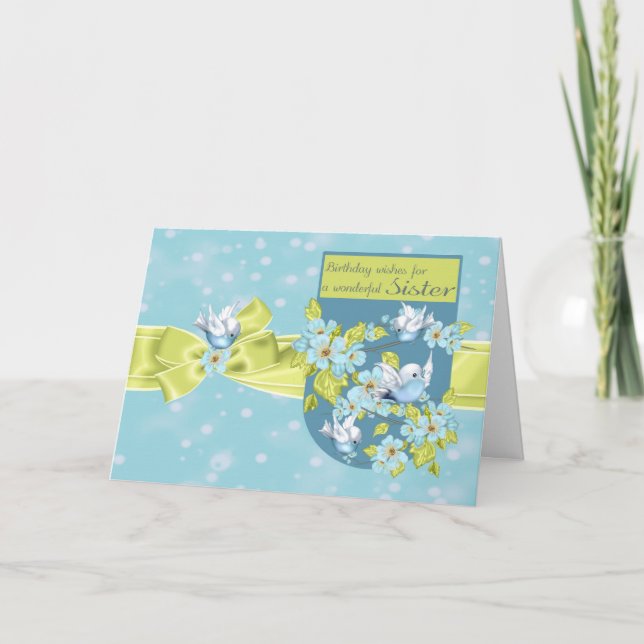 Sister, Birthday Greeting Card With Pretty Birds (Front)