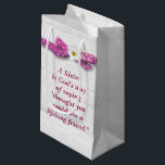 Sister Birthday with Polka Dot Ribbon Small Gift Bag<br><div class="desc">Sister quote with pink and white polka dot ribbon and cosmos flower on light grey rustic barn wood.
Text can be edited.</div>