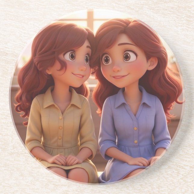 Sister Bond – Beautiful Sisters Illustration Art Coaster (Front)