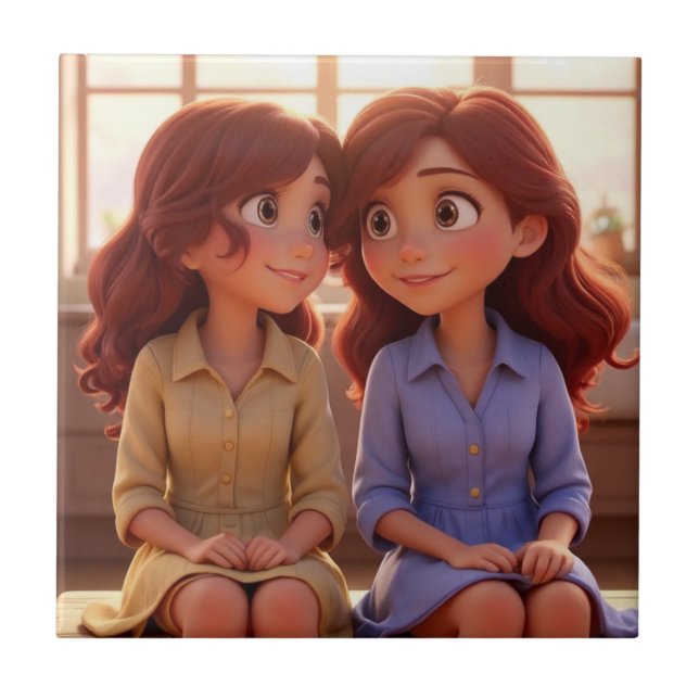 Sister Bond – Beautiful Sisters Illustration Art Tile (Front)