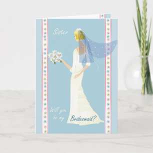 Sister, Bridesmaid, white dress on blue Card