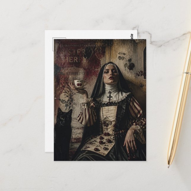 Sister Cherry and Her Cat Enjoy Tea Postcard (Front/Back In Situ)