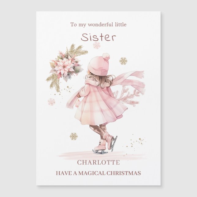 Sister Christmas Skating Little Girl Magnetic Card (Front)