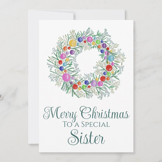 Sister Colourful Christmas Wreath Holiday Card (Front)